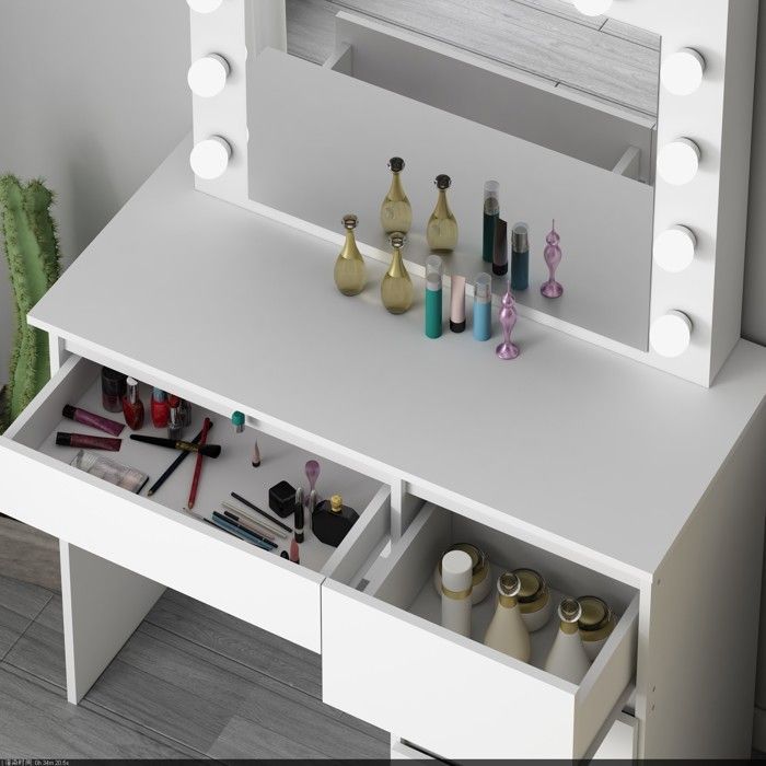 Coiffeuse table de maquillage avec 4 tiroirs et miroir LED blanc - PEGANE - Contemporain - Design