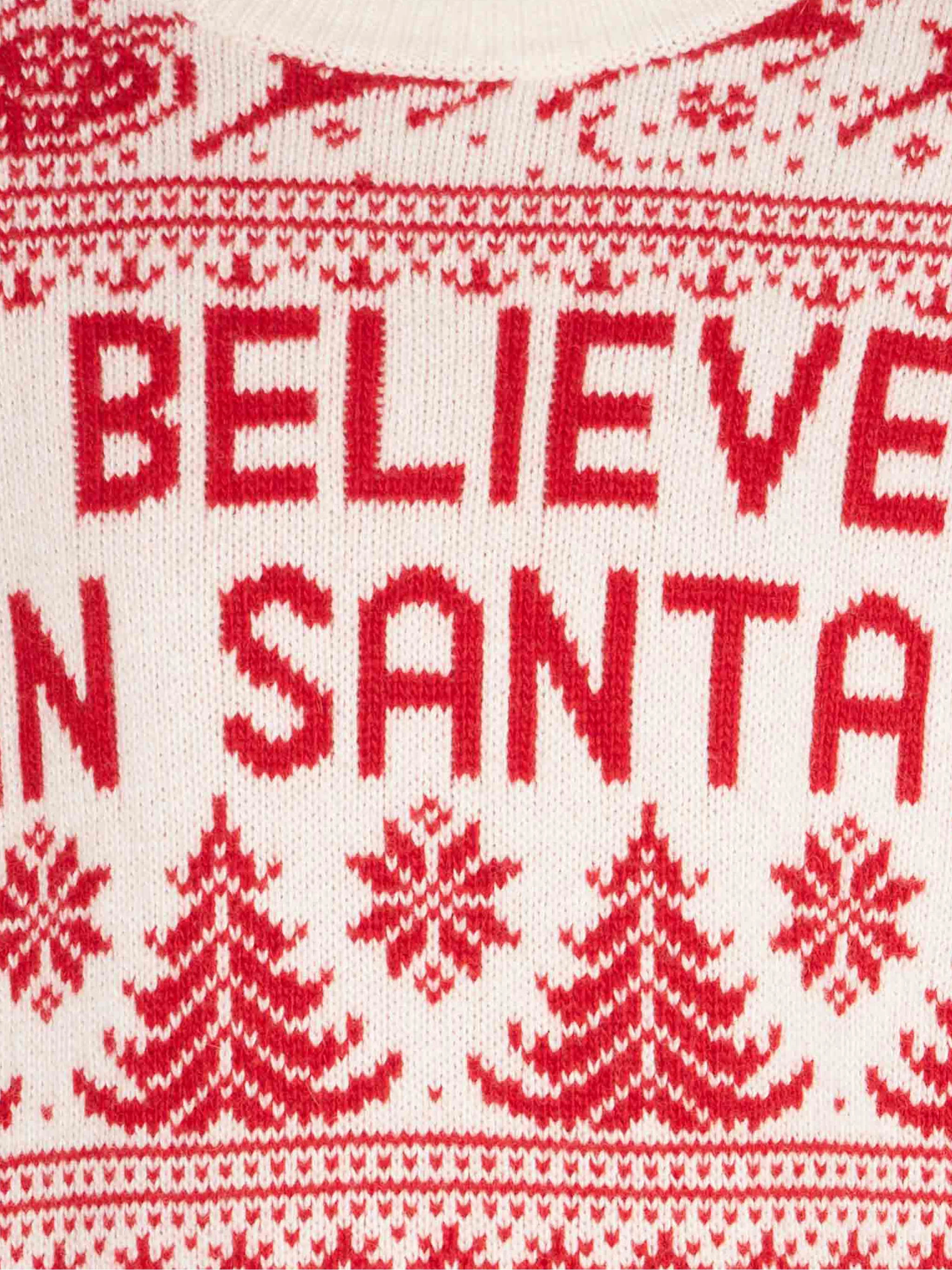 Jersey blanco de cuello redondo para niños con estampado navideño.