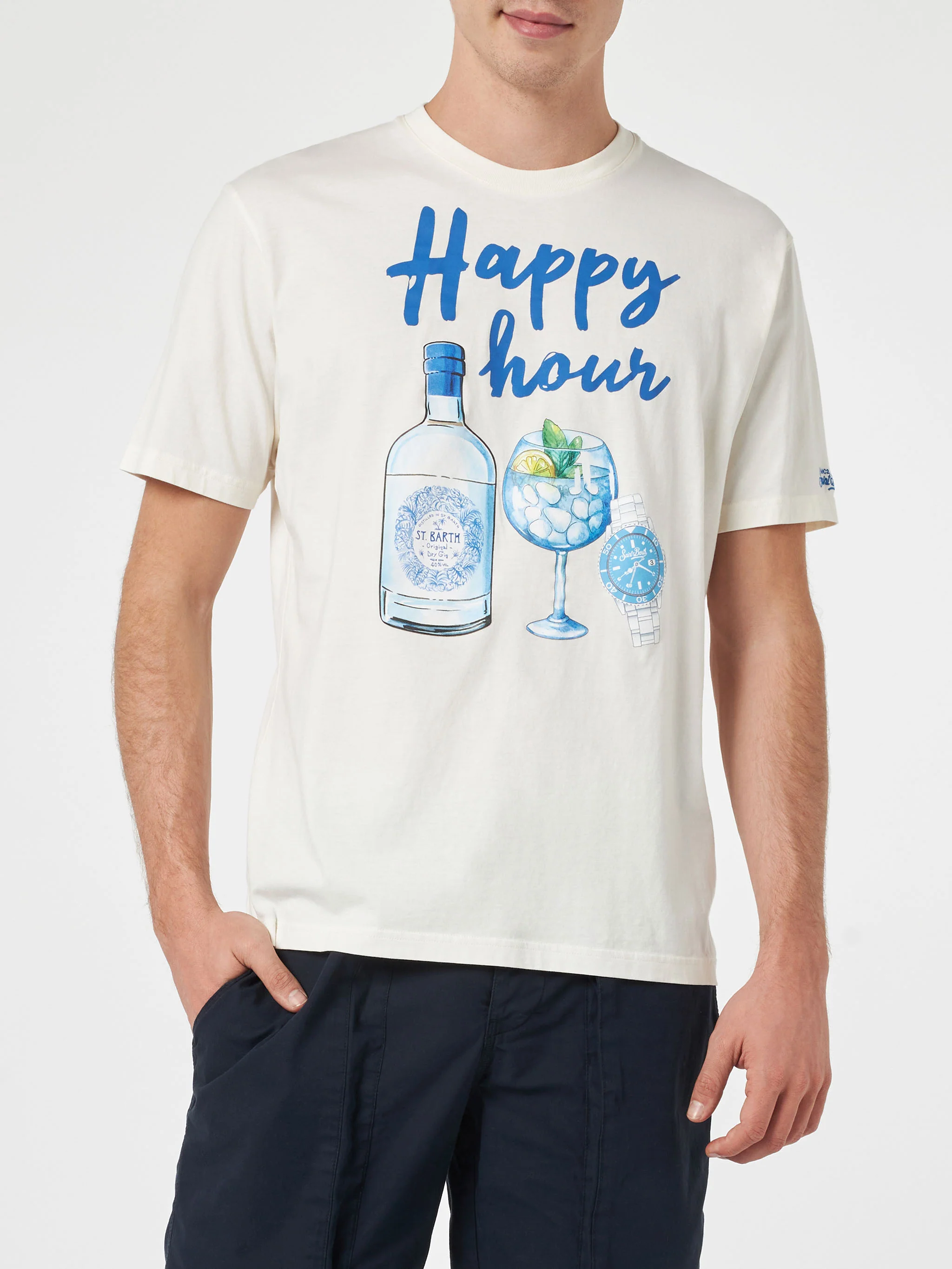 Heren katoenen T-shirt met Happy Hour-print.