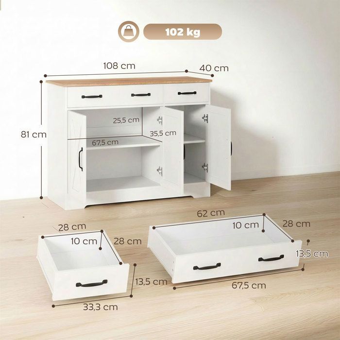 Aparador de cocina - HOMCOM - 3 puertas correderas y 2 cajones - Soporte para TV de hasta 50 pulgadas - Madera - 108x40x81cm - Blanco