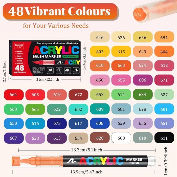 Acrylmarkers in 48 kleuren, acrylverfmarkers met penseelpunt voor volwassenen om mee te kleuren.