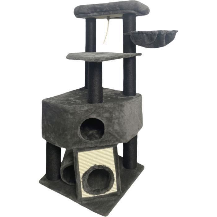 GUILY Stabiele Krabpaal - Ideaal voor middelgrote katten - 50 x 50 x 141 cm - Donkergrijs - 2 platforms, 1 zitplaats, 1 kattenhuisje, 1 helling