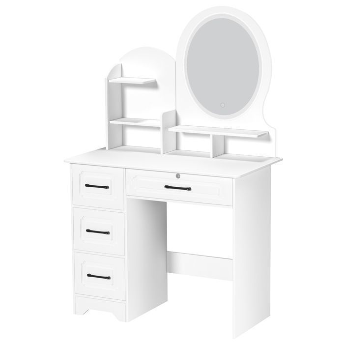 Coiffeuse avec miroir LED - Moderne - 4 tiroirs 6 compartiments  - 80x40x137cm - Blanc