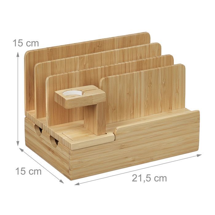 Relaxdays Charging Station, Smartwatch, Bamboo, HxWxD: 15 x 21.5 x 15 cm, Stand, Tabletop, Natural