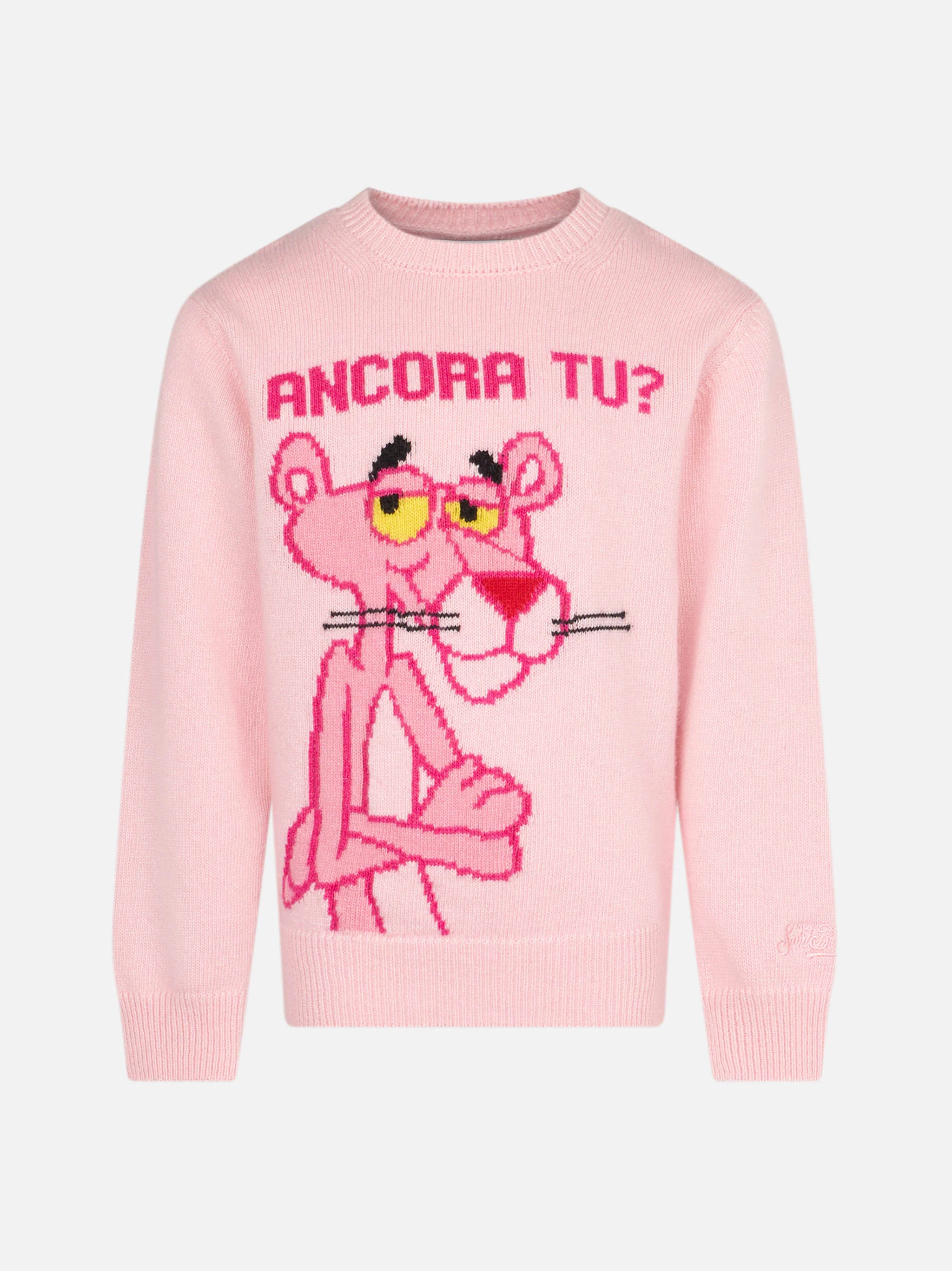 Roze Panter trui met ronde hals voor meisjes. Ben je er nog steeds? Stempel