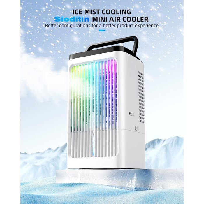 Aire acondicionado portátil, silencioso, 5 en 1, con capacidad de 1200 ml, oscilación de 90°, 4 velocidades y 2 modos de niebla.