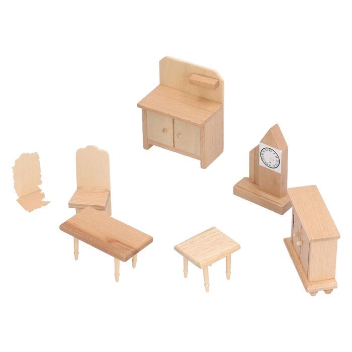 Conjunto de muebles de madera para una pequeña casa de muñecas a escala 1:12, accesorios de madera en miniatura, mesa, silla, armario.