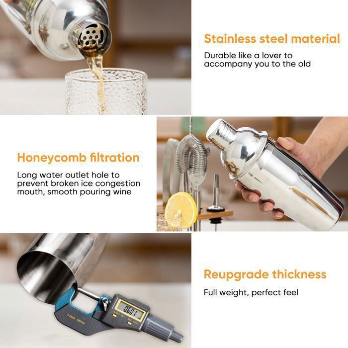 Shaker per cocktail da 750 ml - PRUMYA - Kit da barman da 23 pezzi in acciaio inossidabile da 750 ml - con supporto in legno
