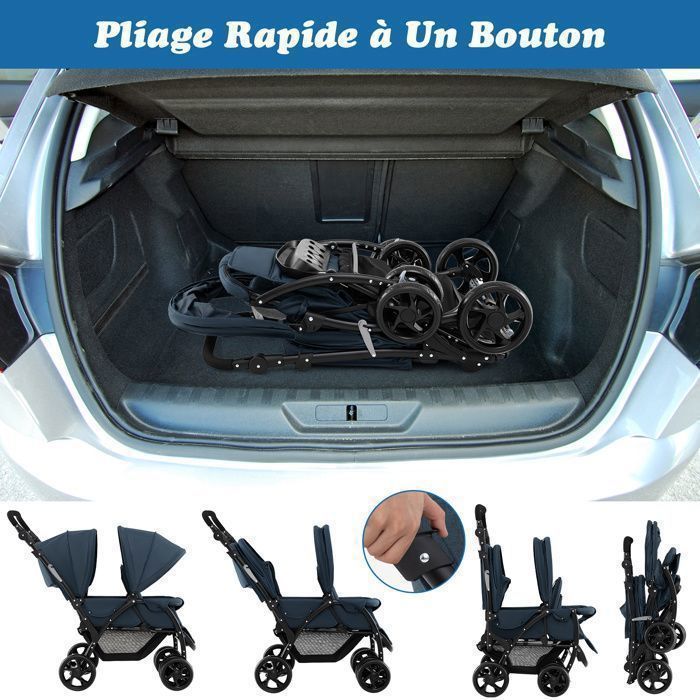 Cochecito doble plegable COSTWAY con capota ajustable, manillar, 4 ruedas con amortiguación, arnés de 5 puntos y capacidad de carga de 30 kg - Azul
