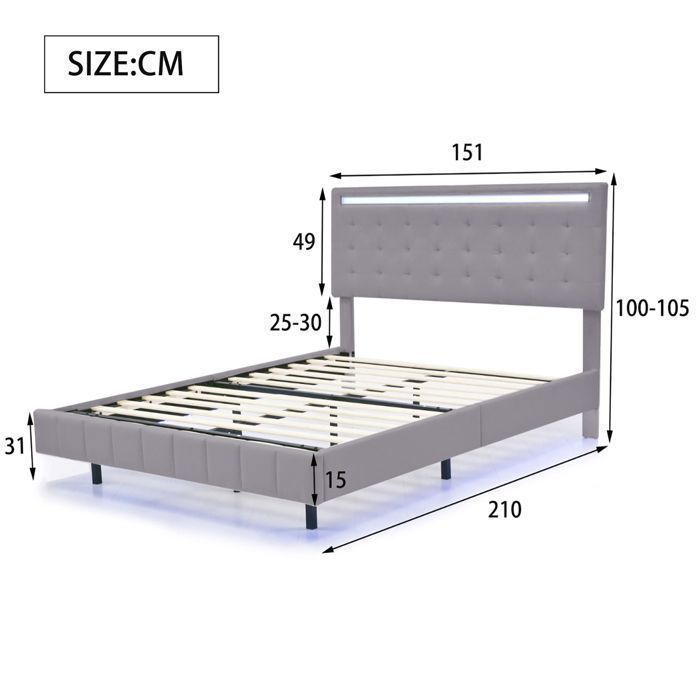 Zwevend bed 140x190 cm met LED-verlichting, bedframe, DAIDAI, lattenbodem, 140x190 cm, Scandinavische stijl, grijs linnen