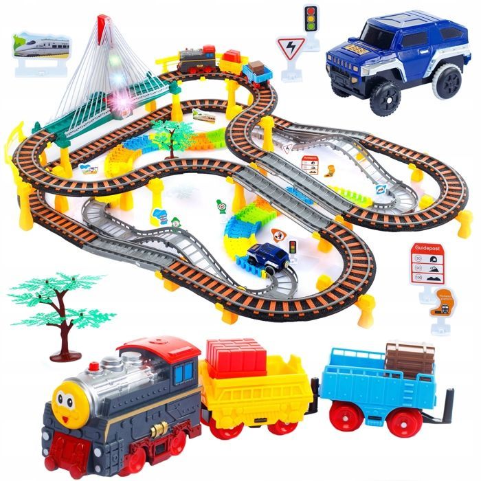 Kinderplay 2-in-1 circuit: elektrische trein- en autobaan, lichtbrug, geluidslocomotief (KP0635)