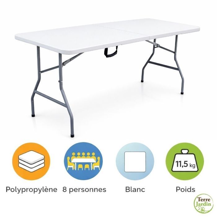 Tavolo pieghevole per 8 persone, 180 x 74 x 74 cm, tavolo rettangolare da esterno in polietilene, portata massima 175 kg, maniglia - Bianco - TERRE JARDIN