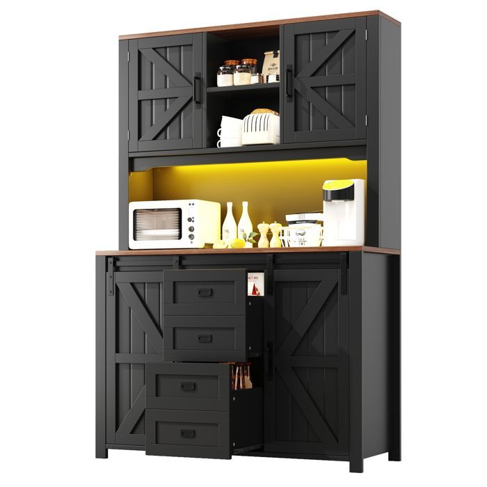 Country-style kitchen sideboard - MODERNLUXE - 115x40x175 cm - 4 doors - 2 drawers - LED lighting - Black - MDF