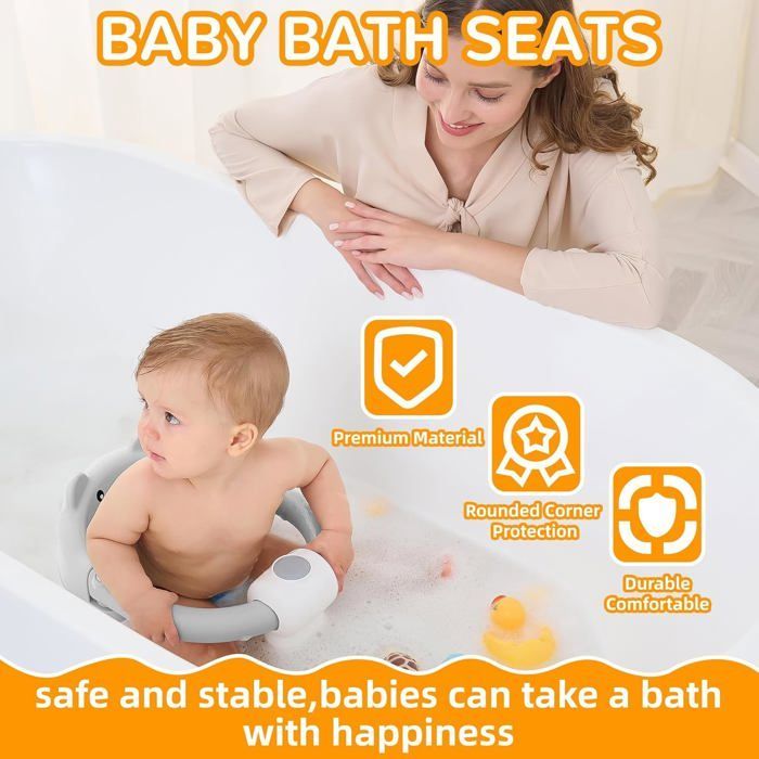 Assento de banho para bebês (a partir de 6 meses), 4 ventosas + almofada, antiderrapante, cinza, para chuveiro/banheira. Etiqueta