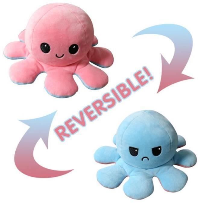 DOUDOU Poupée Mignonne Poulpe Double Face Flip Octopus en Peluche Poupée d'animaux Réversible Cadeaux pour Enfants Rose+Bleu Clair