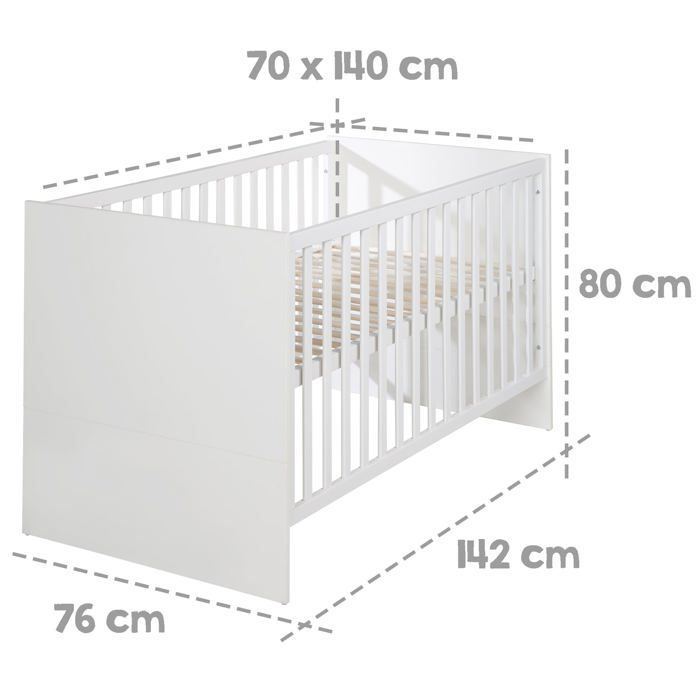 Conjunto completo para habitación infantil Lilo - ROBA - Cuna convertible de 70x140 cm + cambiador + armario de 2 puertas - Blanco