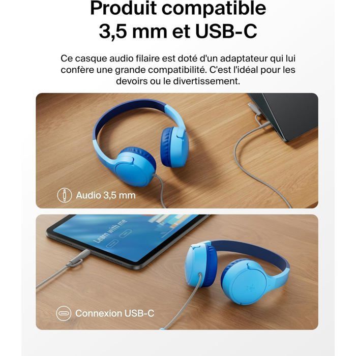 Auriculares infantiles con cable Soundform Mini, con conectores USB-C y de 3,5 mm, micrófono y pegatinas, volumen máximo de 85 dB.