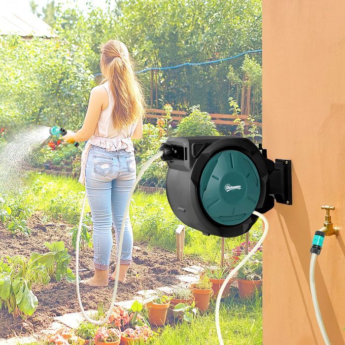 Wall-Mounted Hose Reel - Outsunny - 25m x 15mm Diameter - Automatic Retractable, 180° Swivel - 7-Mode Nozzle - Green
