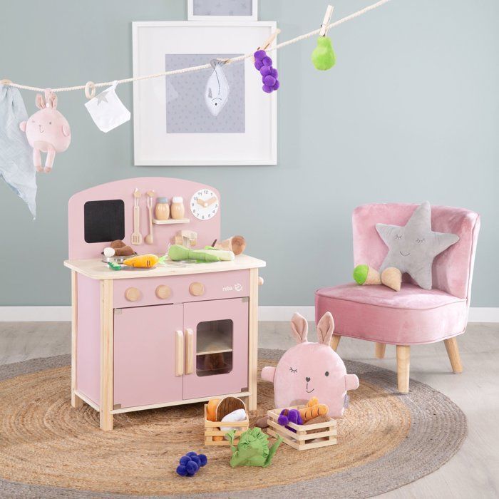 Cocina de juguete de madera ROBA para niños - Equipada con accesorios - Rosa / Natural