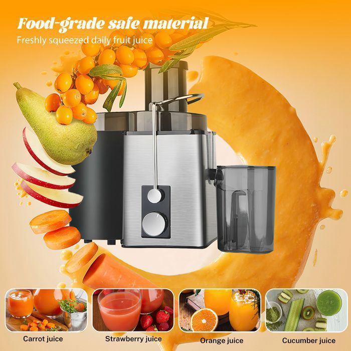 Spremiagrumi da 800 W - Centrifuga per frutta a 2 velocità - Macchina per frutta - Bocchetta di alimentazione da 70 mm, caraffa per succo da 600 ml - Nero
