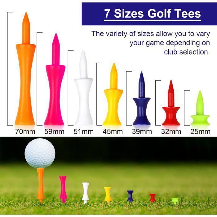 Plastic golf tees, 70 pieces, durable, in various colors (25 mm, 32 mm, 39 mm, 45 mm, 51 mm, 59 mm, 70 mm)