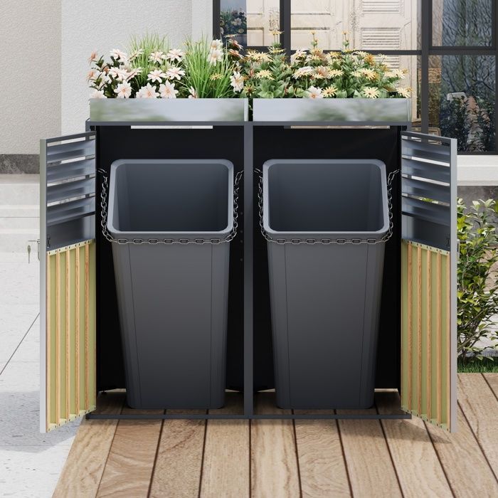 HOMVRA Abri pour Poubelle, Cache-Poubelles 2 Compartiments avec Jardinière Intégrée et Portes Ventilées, Acier, Gris