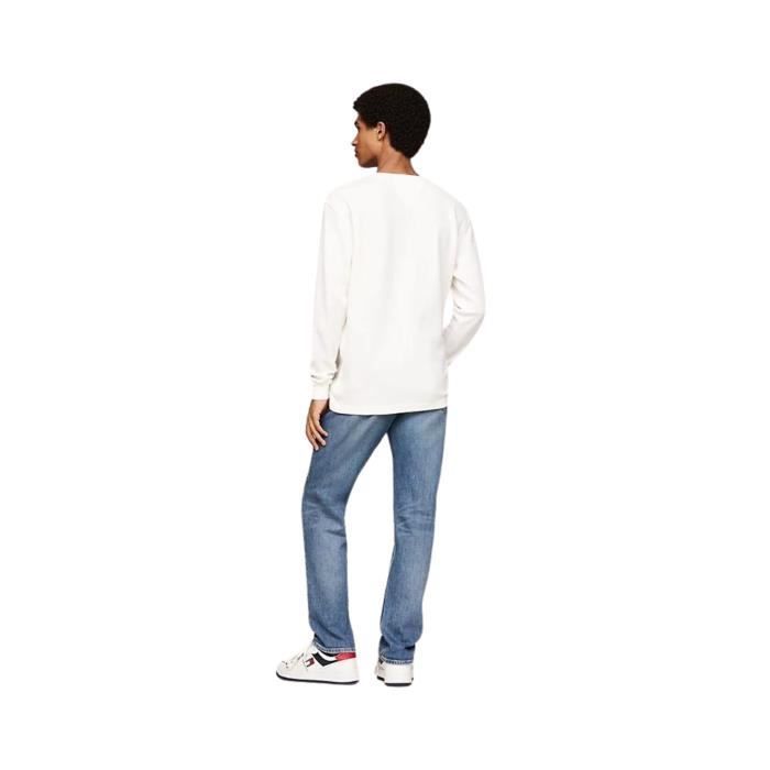Pull homme - TOMMY JEANS - Ref 63673 YBH - Blanc - Tissage alvéolé - Écusson drapeau