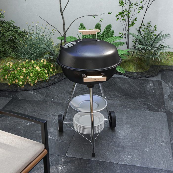 Barbecue à charbon - BBQ - Outsunny - rond avec couvercle, roues et contrôle température - 48 x 56 x 94 cm - noir