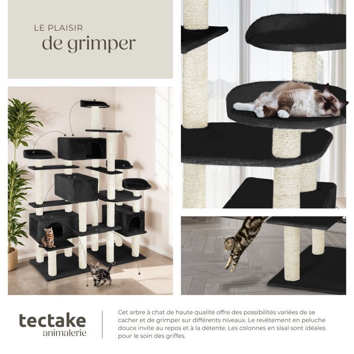Árbol rascador para gatos - TECTAKE - ENTISSAR Mueble para gatos con poste rascador y 4 escondites 138 x 60 x 214 cm - Negro