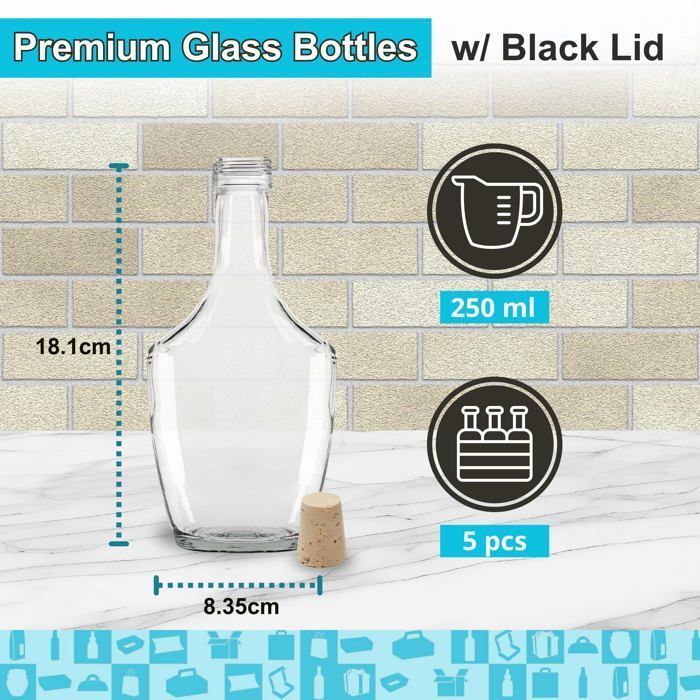 5 Bouteilles de Luxe en Verre 250ml avec Bouchon en Liège | Élégance et Modernité en Verre de Haute