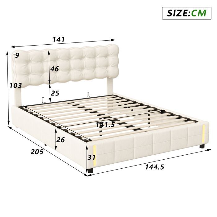 Letto contenitore 140x200 cm, letto matrimoniale con illuminazione a LED, testiera, sensore luce notturna, rete a doghe, letto per adulti, velluto, beige