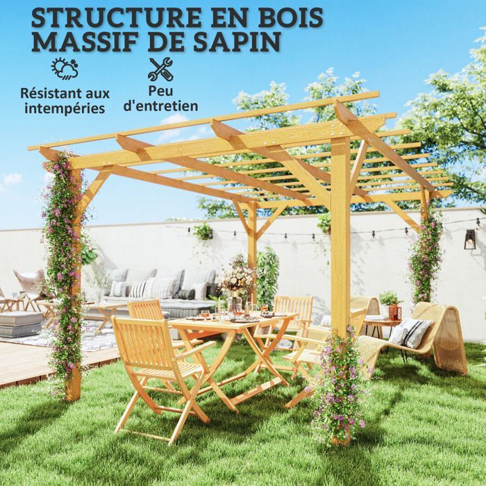 Pergola de jardin exterieur 3 x 4 m - Outsunny - pergola en bois - pour plantes grimpantes - bois naturel