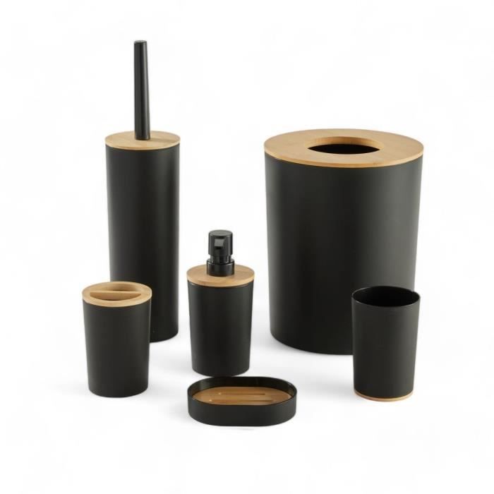 Juego de 6 accesorios de baño - TODAY - UTILITY - Dispensador de jabón, vaso, portacepillos de dientes, jabonera, escobilla de baño, papelera - Negro