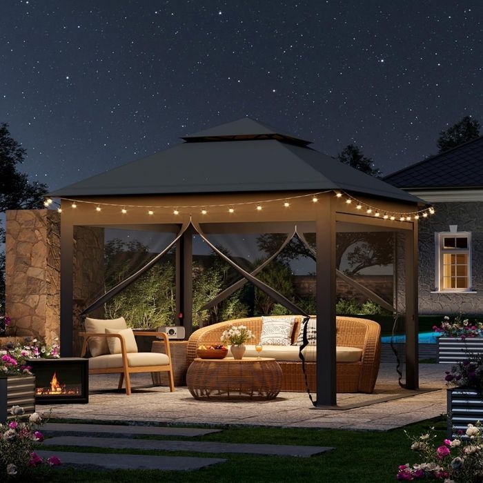 Cenador de jardín exterior WOLTU - Pérgola plegable de 3x3 m - Mosquitera extraíble - Techo doble impermeable - Resistente a los rayos UV - Antracita