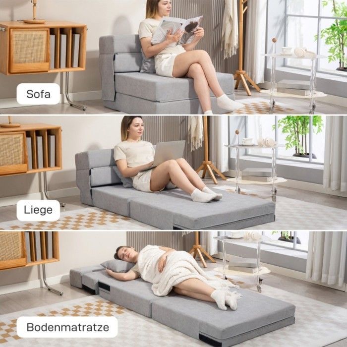 Canapé de sol convertible en matelas, mousse confortable, coussins amovibles, revêtement gris clair, idéal pour jardin ou intérieur