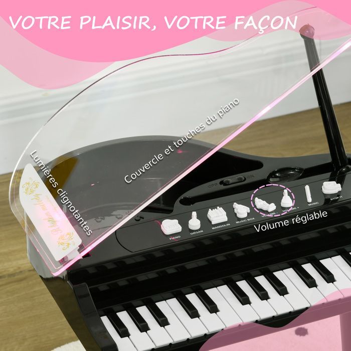 Piano electrónico infantil AIYAPLAY - 32 teclas multifuncionales, taburete pequeño, tapa con luz LED - Plástico - Negro