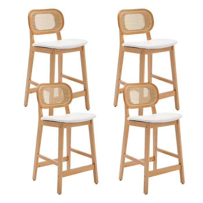 Wahson Tabouret de Bar Lot de 4 Tabouret, Chaise de Bar en Bois et Cannage avec Coussin Imperméable pour Cuisine, Similicuir, Blanc