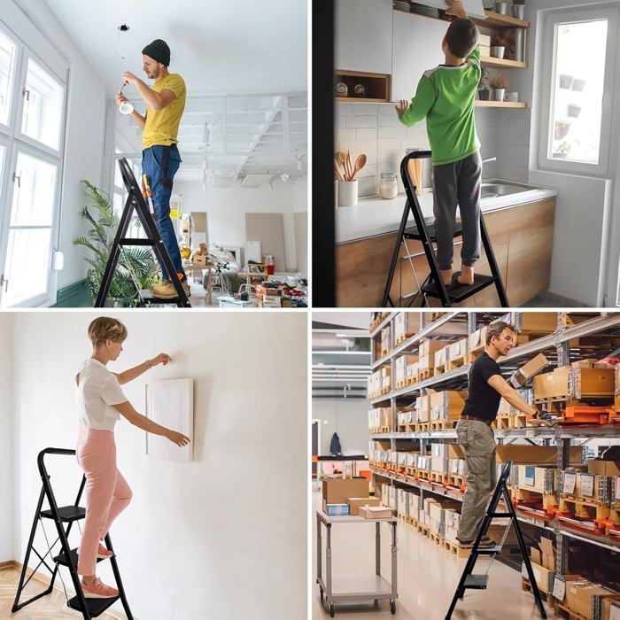 3-Step Ladder, Non-Slip, Folding Step Stool, 3-Level, Max 150kg, Sturdy Steel, Indoor Use