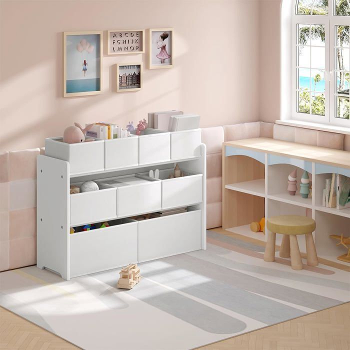 Scaffale portaoggetti per bambini, contenitore per giocattoli, 9 scatole rimovibili in tessuto non tessuto, 92x30x60/68 cm, bianco E0EG0065
