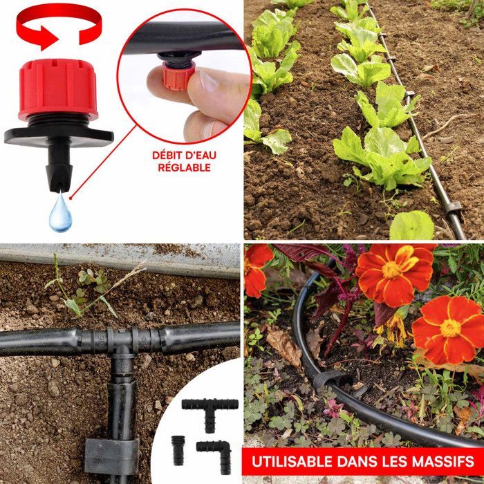 Kit de riego por goteo - 30 m de tubería (16 mm de diámetro) - 60 goteros de caudal ajustable - Sistema de riego para invernaderos y huertos