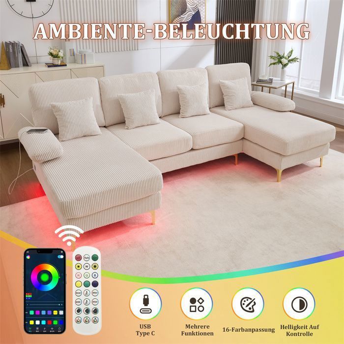 DRIPEX Canapé 4/5 places en forme de U moderne avec Lumière LED et port USB-C,Canapé avec 4 coussins,265*135*88cm,Beige