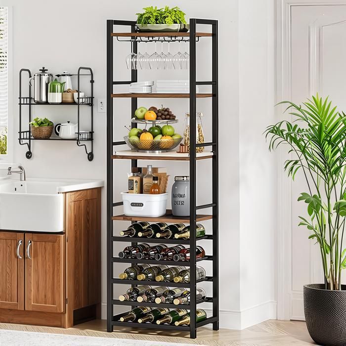 180cm Wine Rack, 9-Tier Freestanding Bottle Rack with Glass Holder and Storage Shelves for Wine Bar, Kitchen
