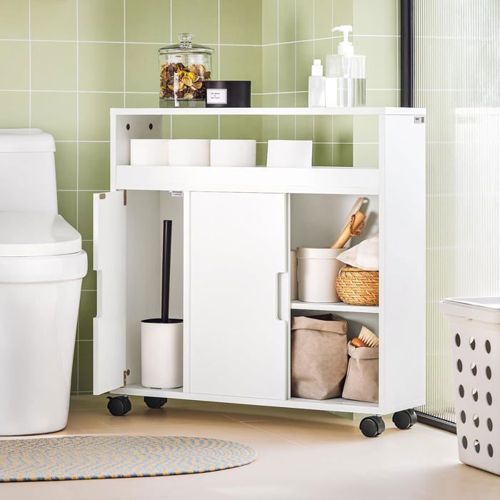 Mobiletto da bagno SoBuy con ruote, 2 ante scorrevoli e ripiano aperto, compatto, bianco, 70x71x20 cm.