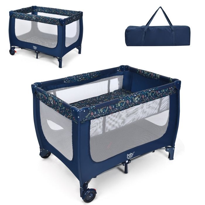 Cuna de bebé 3 en 1 COSTWAY, apta desde el nacimiento hasta los 3 años, con colchón y bolsa de transporte - Fácil plegado - 2 ruedas - 15 kg - 125 x 65 x 76 cm - Azul