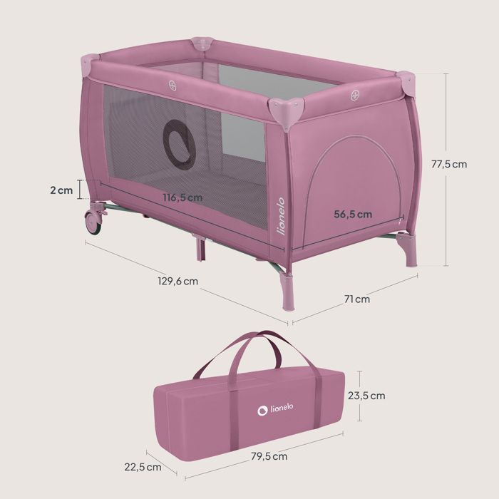 Cuna de viaje compacta 2 en 1 LIONELO Stefi Plus - Parque infantil - Colchón de espuma T25 - 0-36 meses - Plegado rápido - 2 ruedas - Rosa