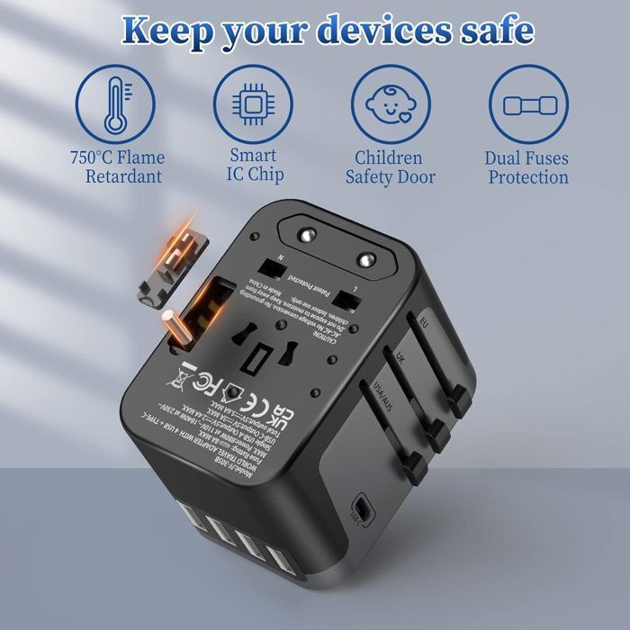Adaptador de viaje todo en uno con 4 puertos USB de 5,6 A y 1 puerto USB-C, adaptador de enchufe universal esmerilado (de Francia a Reino Unido y EE. UU.).