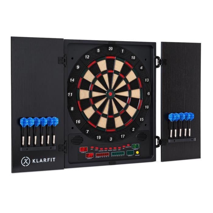 Jeu de fléchettes - KLARFIT Dartmaster 180 - Porte avant avec 12 flèches & 24 pointes de flèche Alimentation - Montage mural - Néon