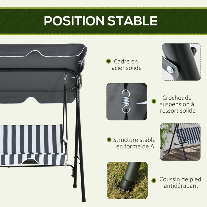 Columpio de jardín Outsunny - 3 plazas - toldo con inclinación ajustable - cojines - 1,72 x 1,1 x 1,53 m - acero negro, poliéster gris