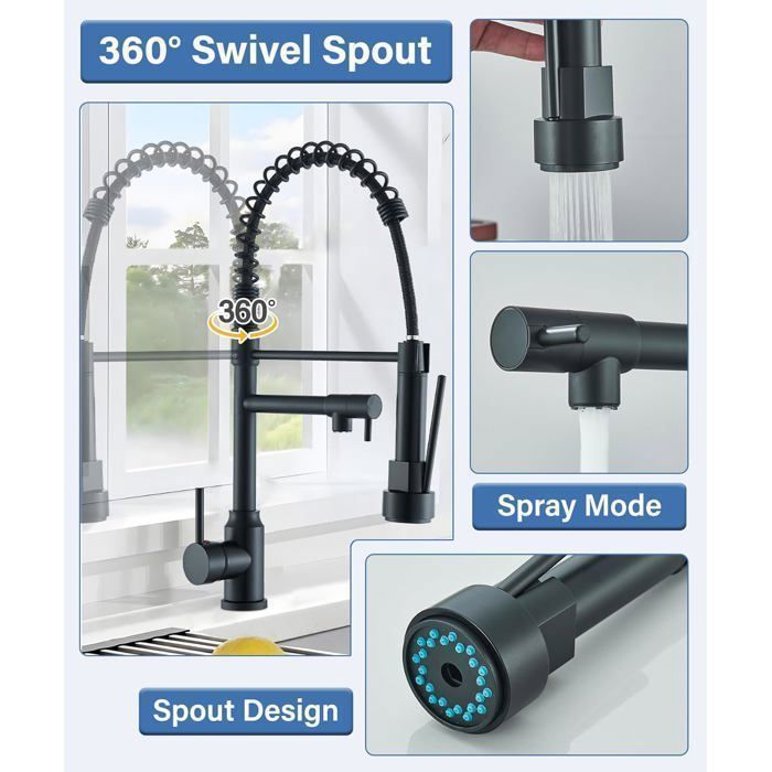 Black Kitchen Faucet with Flexible Pull-Out Sprayer and 360° Swivel Retractable Kitchen Mixer Tap with Dual Function Sprayer