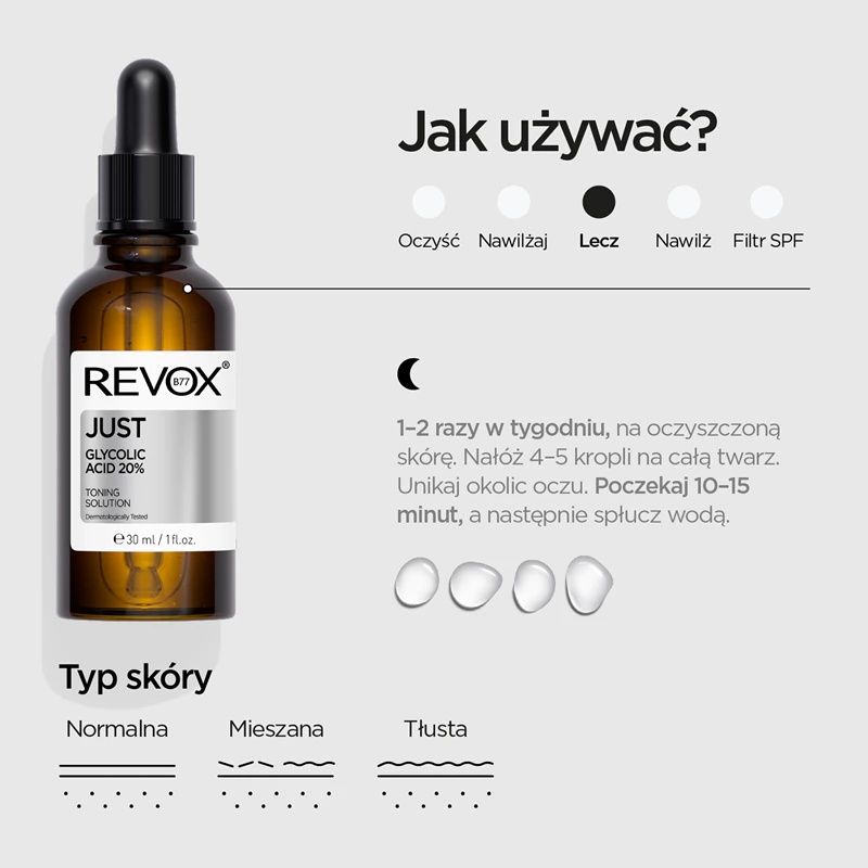 „Revox B77 JUST“ 20 % glikolio rūgšties lyginamasis ir šveičiamasis veido serumas